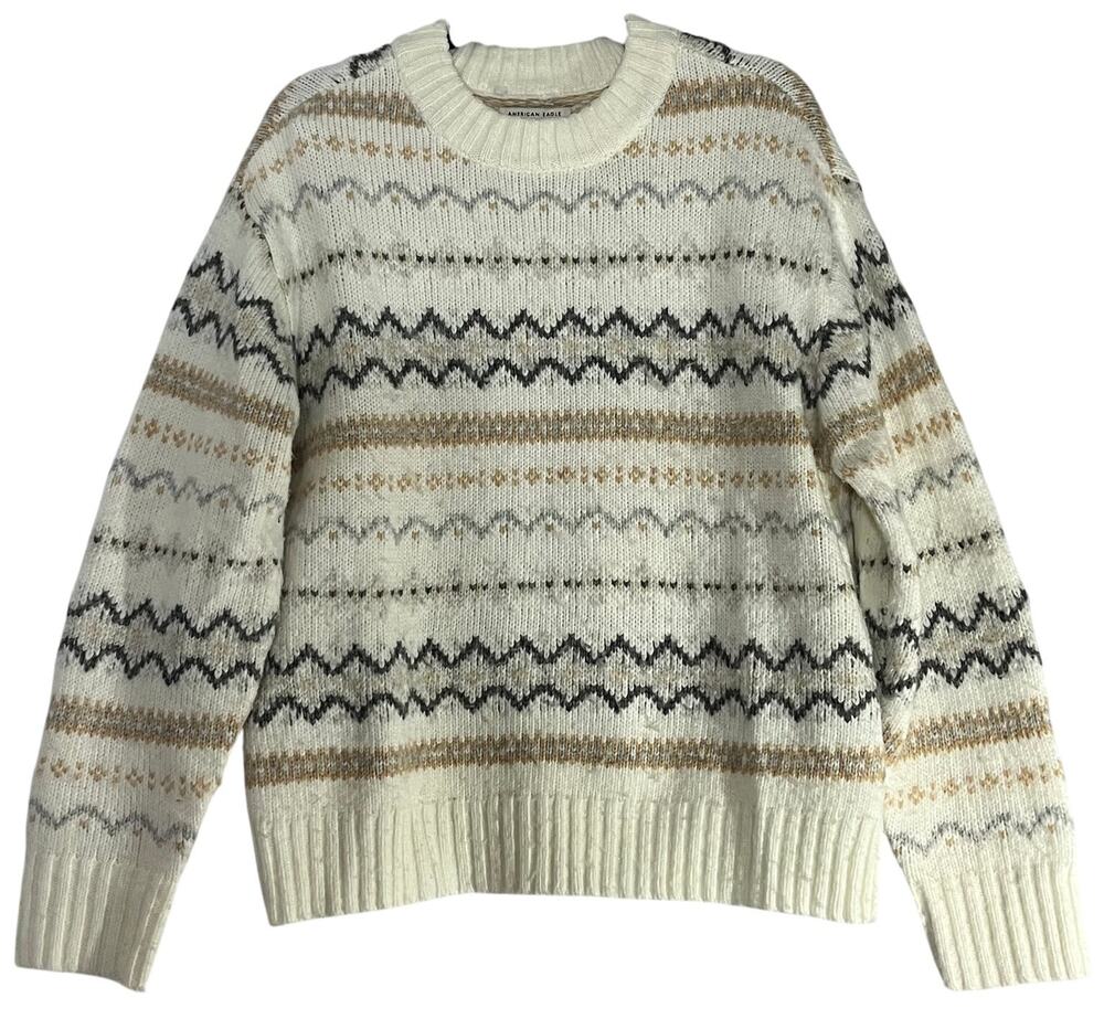 American Eagle Cream Tribal Fair Isle Crew Neck Sweater Size S